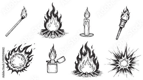 Hand-drawn collection of fire-related illustrations including a match, campfire, candle, torch, lighter, fireball, and explosion in a vintage engraving style