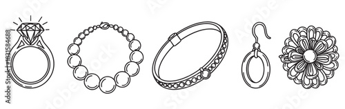 Collection of five jewelry items drawn in a clean black and white line art style, featuring a sparkling diamond ring, beaded necklace, bracelet, dangle earring, and a flower brooch
