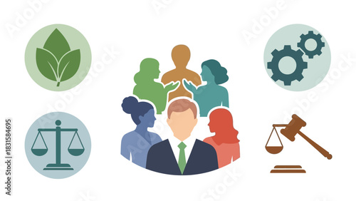 Diverse group of professionals and icons representing different aspects of business, law, and sustainability