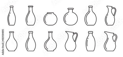 Set of linear black outline icons of vases, jugs, and pitchers in various shapes and sizes, showcasing a minimalist and clean graphic design style for tableware and decor concepts