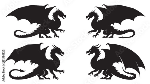 Four black dragon silhouettes in profile view showing a powerful mythical creature with large wings, horns, and a long tail, presented as a collection of fantasy vector icons