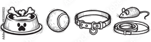 Set of hand-drawn pet accessories including a food bowl, tennis ball, collar, and toy mouse in a black and white sketch style illustration for dogs and cats