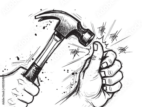 Hammer held by a hand accidentally hitting the thumb of another hand, a black and white sketch illustrating a painful mistake, clumsiness, and a DIY construction fail concept