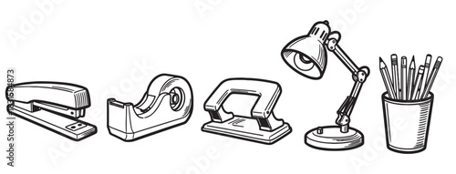 Set of hand-drawn office supplies including a stapler, tape dispenser, hole punch, desk lamp, and pencils in a cup, presented in a black and white line art illustration style