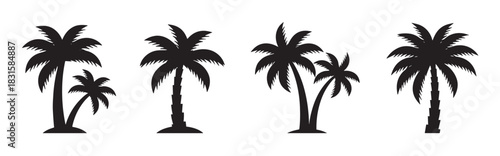 Set of four black palm tree silhouettes in a minimalist graphic style, representing tropical vacation, summer holidays, and exotic beach destinations for design elements