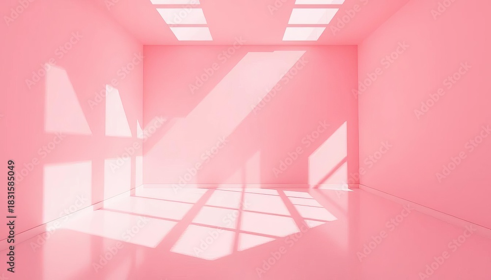 Fototapeta premium Empty pink room, sunlight shadows, minimal backdrop for product display, shadow, studio