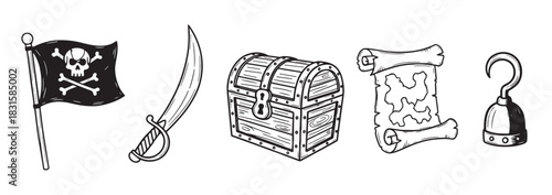 Set of hand-drawn pirate icons including a Jolly Roger flag, cutlass sword, treasure chest, map scroll, and hook in a black and white sketch illustration style