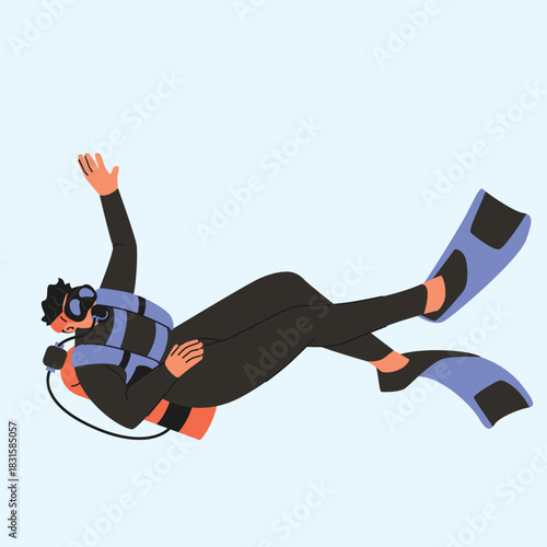 Diving slow floating motion as the diver relaxes and drifts deeper into the quiet blue ocean illustration