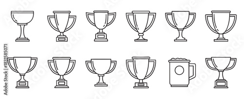 Collection of black line art trophy cup icons in various shapes and sizes, including one beer mug, representing victory, achievement, and celebration in a minimalist vector style