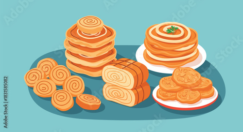 An appetizing illustration showcasing various golden-brown baked goods, including stacked cinnamon rolls, sliced spiral loaves, and savory pancake-like snacks.