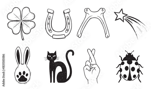 Collection of eight hand-drawn superstition symbols representing good and bad luck, including a clover, horseshoe, black cat, and ladybug in a simple sketch illustration style
