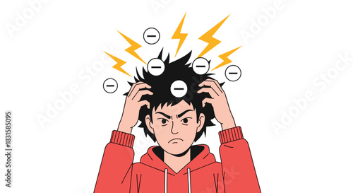 A young person experiences stress and negative thoughts, indicated by lightning bolts and minus signs around their head.