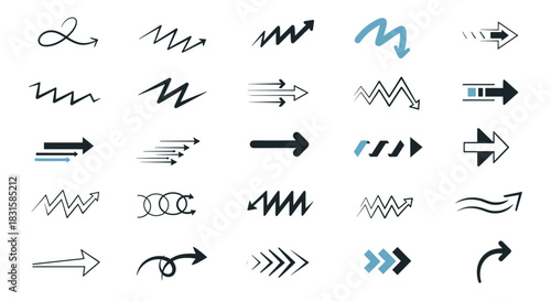 A diverse collection of modern arrow icons featuring various styles like zigzag, curved, and straight designs, perfect for user interface and graphic elements.