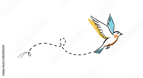 A delightful illustration of a white bird with yellow and blue wings soaring along a playful dotted flight path on a white background.