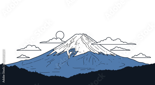 Mount Fuji with snow-capped peak, clouds, and rising sun over a serene Japanese landscape, depicted in a minimalist line art illustration.