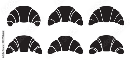 Six black croissant icons in a minimalist style are arranged in a set, showcasing a simple graphic design element for bakeries, cafes, and food-related branding projects