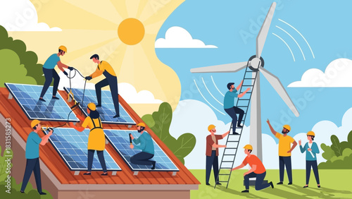 Renewable energy solutions installation of solar panels and wind turbines on rooftops for sustainable power generation