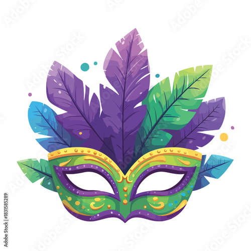 Mardi Gras carnival mask illustration with butterfly and feathers, isolated Venetian party costume design