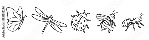 Set of five insect line art illustrations including a butterfly, dragonfly, ladybug, bee, and ant in a simple black and white doodle style for a coloring page