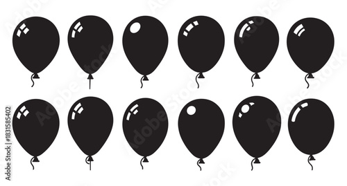 Set of black balloon silhouettes with various highlight styles, a collection of twelve minimalist icons for birthday party, anniversary, and celebration design