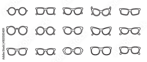 Collection of various eyeglass frames in different styles, including round, square, and cat-eye, presented as a set of minimalist black line art icons for vision and fashion concepts