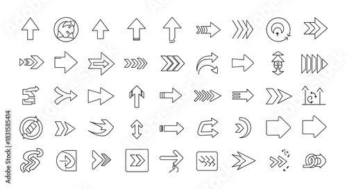 A comprehensive set of hand-drawn sketch-style arrow icons, depicting various directions, movements, and actions for navigation and user interfaces.