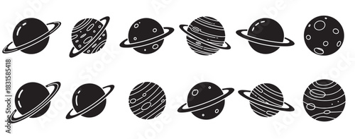 Set of twelve black planet icons with various hand-drawn doodle patterns, including rings, craters, and stripes, showcasing a minimalist and graphic celestial theme for astronomy