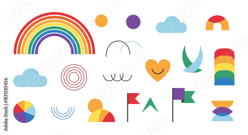 A collection of colorful flat design elements, including rainbows, clouds, hearts, and flags, symbolizing happiness, diversity, and pride.