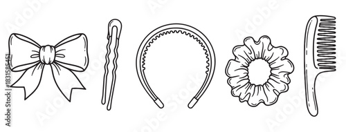 Set of hand-drawn hair accessories including a bow, bobby pin, headband, scrunchie, and comb in a simple black and white line art doodle style illustration