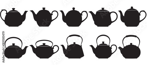 Collection of black teapot and kettle silhouettes in various classic and modern shapes, showcasing a diverse set of kitchenware icons for graphic design and culinary themes