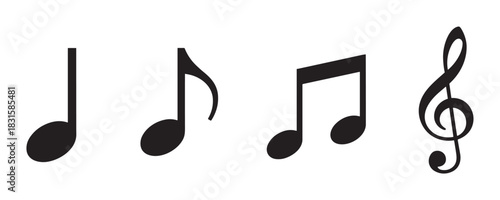 Black musical notes and a treble clef symbol set arranged in a clean horizontal row, representing melody, harmony, and musical composition in a simple graphic illustration