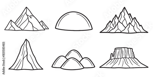 Set of six hand-drawn mountain illustrations in a minimalist black and white doodle style, showcasing various peak, hill, and rock formation shapes for nature or adventure themes