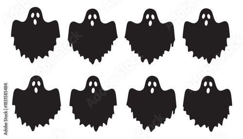 Eight black cartoon ghost silhouettes with spooky expressions are arranged in a repeating pattern, creating a simple and festive Halloween design element