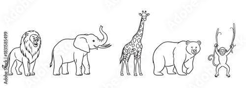 Black and white line art illustrations of wild animals featuring a roaring lion, elephant, giraffe, bear, and a hanging monkey in a simple doodle sketch style