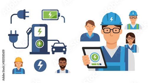 Electric vehicle charging station and engineers discussing technology