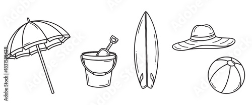 Set of hand-drawn beach vacation items including an umbrella, surfboard, bucket, hat, and ball in a simple black and white line art doodle style for summer holiday themes