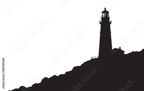 Black lighthouse tower silhouette standing on a rugged coastal cliff with a small building, a minimalist and graphic vector art illustration