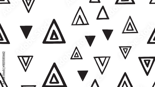 Hand drawn black and white triangle pattern featuring a seamless arrangement of solid and outlined geometric shapes in a simple, minimalist Scandinavian doodle style