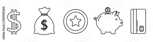 Set of black line art icons representing finance and money concepts, including a dollar sign, money bag, star coin, piggy bank, and credit card in a simple minimalist style