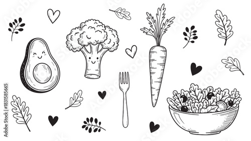 Hand-drawn set of cute healthy food illustrations with smiling avocado and broccoli characters, a carrot, salad bowl, fork, leaves, and hearts in a charming black and white doodle style