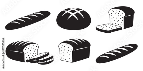 Set of black bread icons showing different types of loaves, including baguette, round boule, and sliced sandwich bread in a minimalist graphic vector illustration style