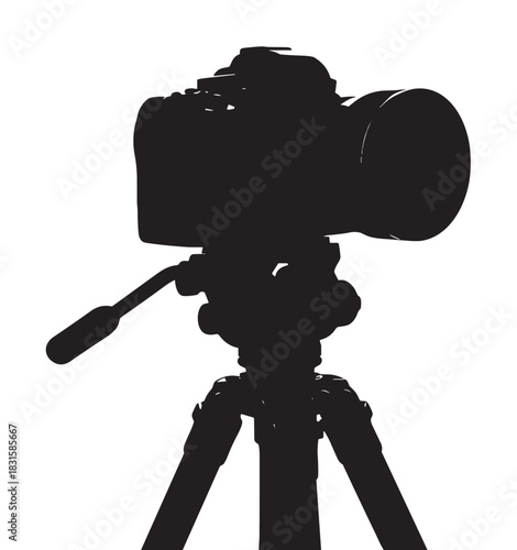 Black silhouette of a professional digital camera with a large lens mounted on a tripod, depicted in a minimalist graphic vector illustration style for creative concepts