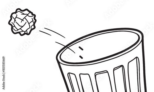 Crumpled paper ball being thrown into a wastebasket in a minimalist black and white line art illustration, symbolizing rejection, disposal, and brainstorming