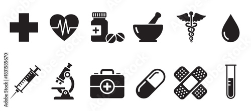 Set of black medical icons representing healthcare and pharmacy with symbols like a cross, heart, pills, syringe, microscope, and first aid kit in a flat silhouette style