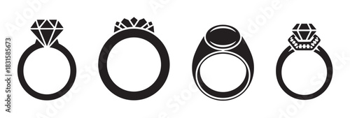 Four black silhouette engagement rings with diamonds in various designs, a minimalist vector icon set for marriage proposals, weddings, and romantic celebrations