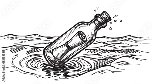 Message in a bottle with a cork stopper floating on the wavy sea, a vintage black and white hand-drawn ink sketch illustration with hatching