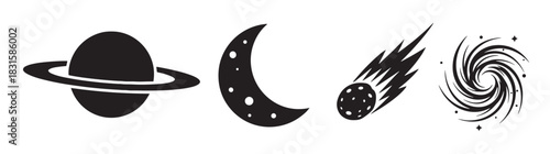 Set of four black space icons featuring a ringed planet, crescent moon, comet, and spiral galaxy in a minimalist graphic silhouette style for astronomy or science themes