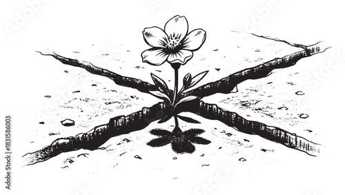 Single black and white flower growing through a large crack in the pavement, a powerful symbol of hope, resilience, and new beginnings in a hand-drawn ink illustration style
