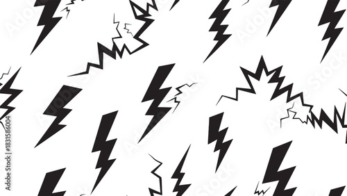 Black lightning bolt and electric crackle shapes create a dynamic seamless pattern with a graphic, comic book style, representing energy, power, and stormy weather concepts