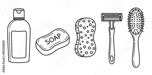Set of hand-drawn bathroom toiletries including a bottle, soap, sponge, razor, and hairbrush in a simple black and white doodle style illustration for personal care concepts